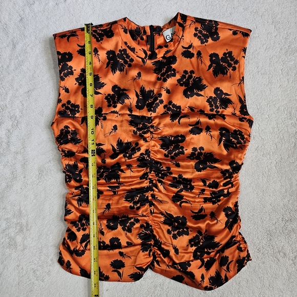 GANNI silk orange and black stretch floral print ruched size M - Picture 12 of 13